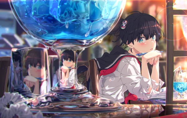 Anime picture 2080x1318 with original ogipote single looking at viewer blush fringe highres short hair open mouth black hair hair between eyes sitting holding upper body indoors aqua eyes lens flare side ponytail reflection hands clasped