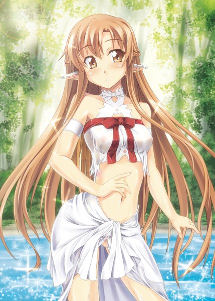 Anime picture 1230x1720 with sword art online a-1 pictures yuuki asuna titania (alo) gekato single long hair tall image blush breasts light erotic brown hair brown eyes pointy ears girl dress navel