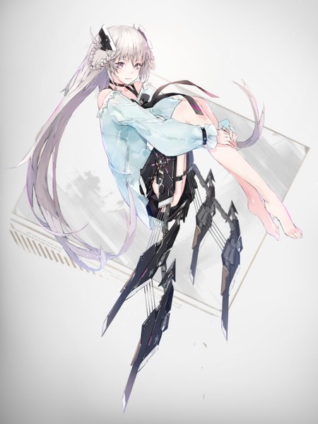 Anime picture 675x900 with original yucca-612 (neco) single long hair tall image looking at viewer fringe light erotic hair between eyes purple eyes bare shoulders braid (braids) long sleeves pleated skirt barefoot grey hair legs floating hair mechanical wings science fiction