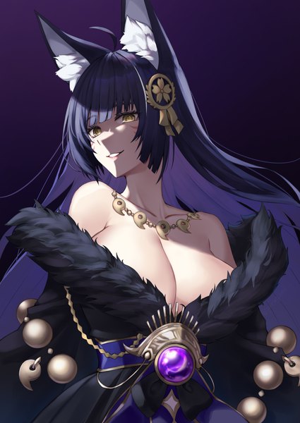 Anime-Bild 1063x1500 mit azur lane musashi (azur lane) yorugami rei single long hair tall image looking at viewer fringe breasts light erotic black hair simple background animal ears yellow eyes cleavage upper body ahoge blunt bangs traditional clothes japanese clothes