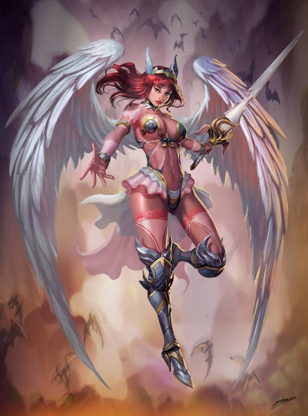 Anime picture 890x1200 with brolo single long hair tall image looking at viewer breasts light erotic green eyes red hair lips angel wings angel girl weapon sword wings bracelet