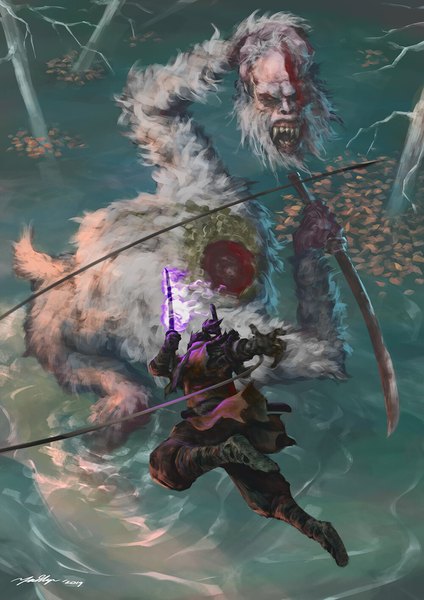 Anime picture 1000x1414 with sekiro: shadows die twice from software sekiro guardian ape draw souls single tall image short hair black hair holding signed full body outdoors jumping battle boy weapon sword water katana