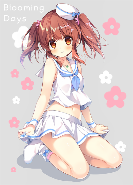 Anime picture 579x800 with idolmaster idolmaster cinderella girls ogata chieri suimya single tall image looking at viewer blush short hair smile brown hair twintails brown eyes payot full body grey background midriff short twintails sailor collar floral background