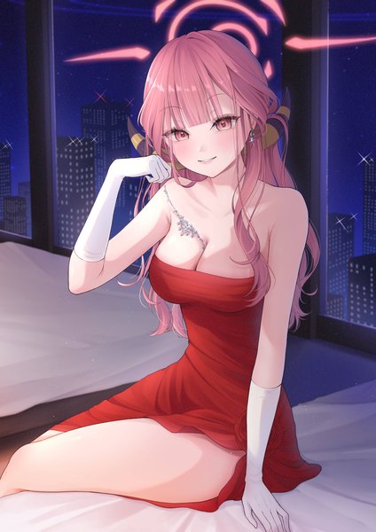 Anime picture 2480x3508 with blue archive aru (blue archive) aru (dress) (blue archive) sayosayo-0 single long hair tall image looking at viewer blush fringe highres breasts light erotic smile large breasts sitting bare shoulders pink hair cleavage blunt bangs