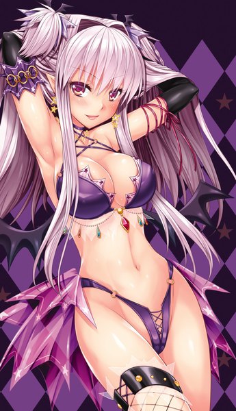Anime picture 1306x2266 with brandish twiska rusty soul single long hair tall image looking at viewer blush breasts open mouth light erotic smile purple eyes white hair two side up girl gloves navel elbow gloves