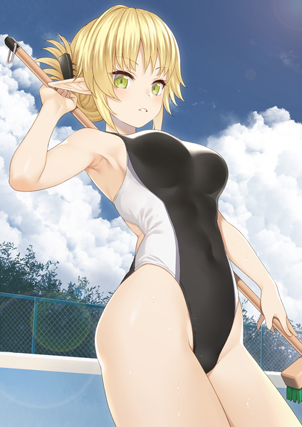 Anime picture 1000x1414 with enjo kouhai aegis (takunomi) takunomi single tall image looking at viewer blush fringe short hair breasts light erotic blonde hair standing green eyes payot sky cloud (clouds) outdoors parted lips pointy ears