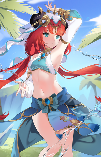 Anime picture 2635x4093 with genshin impact nilou (genshin impact) eevyart single long hair tall image looking at viewer blush fringe highres breasts light erotic smile twintails sky cloud (clouds) outdoors red hair blunt bangs long sleeves