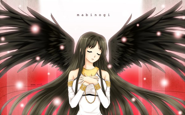 Anime picture 2000x1250 with mabinogi morrighan oxlee (artist) single long hair highres black hair wide image eyes closed girl detached sleeves wings