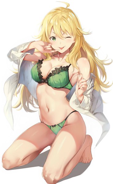 Anime picture 700x1141 with idolmaster idolmaster (classic) hoshii miki sola (solo0730) single long hair tall image looking at viewer blush fringe breasts light erotic simple background blonde hair hair between eyes white background bare shoulders green eyes cleavage full body