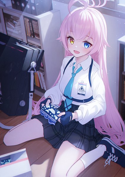Anime picture 636x900 with blue archive hoshino (blue archive) bae.c single long hair tall image looking at viewer open mouth sitting holding pink hair ahoge indoors :d heterochromia wariza open collar girl gloves uniform