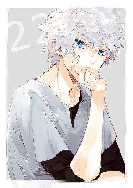 Anime picture 708x1000 with hunter x hunter killua zaoldyeck hssno108 single tall image looking at viewer fringe short hair blue eyes simple background hair between eyes silver hair upper body grey background portrait chin rest boy number (numbers)