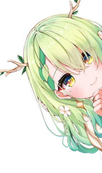 Anime picture 2122x3596 with virtual youtuber hololive hololive english ceres fauna kohe billialot single long hair tall image looking at viewer blush fringe highres simple background smile hair between eyes white background yellow eyes upper body hair flower horn (horns)