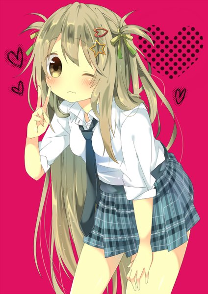 Anime picture 1060x1500 with original udukiasa (artist) single tall image looking at viewer blush blonde hair brown eyes very long hair pleated skirt one eye closed wink two side up victory twisty sleeves girl uniform hair ornament ribbon (ribbons) hair ribbon