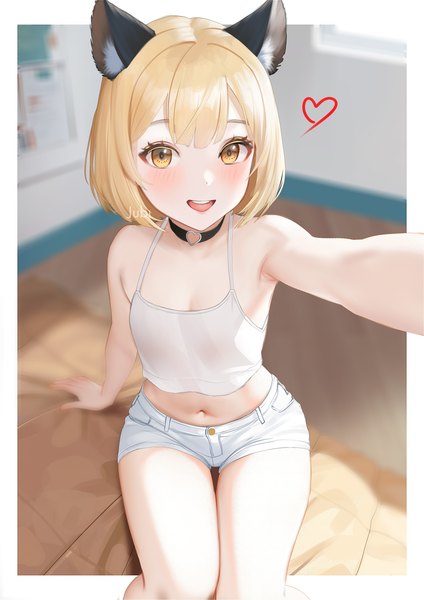 Anime picture 2480x3508 with original hana (jubi) jubi (regiana) single tall image looking at viewer highres short hair breasts open mouth light erotic blonde hair smile sitting bare shoulders signed animal ears yellow eyes indoors blurry