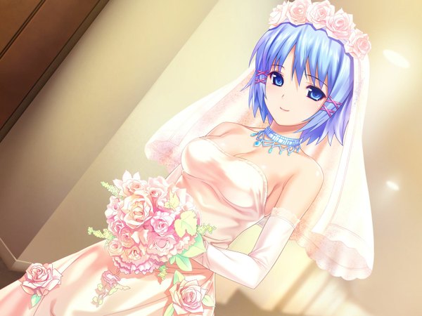Anime picture 1600x1200 with tropical kiss himuro rikka koutaro short hair blue eyes blue hair game cg girl dress flower (flowers) wedding dress