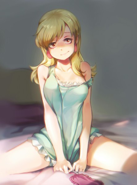 Anime picture 759x1024 with the loud house leni loud jcm2 single long hair tall image looking at viewer fringe breasts light erotic blonde hair sitting bare shoulders brown eyes cleavage indoors light smile spread legs strap slip girl