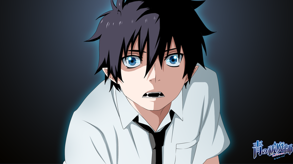 Anime picture 2000x1125 with ao no exorcist a-1 pictures okumura rin aagito looking at viewer highres short hair open mouth blue eyes black hair wide image pointy ears inscription teeth coloring sharp teeth boy shirt necktie