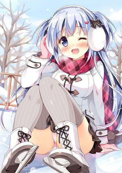 Anime picture 607x860 with original pan (mimi) single long hair tall image looking at viewer blush open mouth blue eyes light erotic silver hair one eye closed wink two side up girl thighhighs skirt underwear panties miniskirt