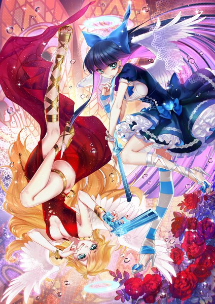 Anime picture 1000x1414 with panty & stocking with garterbelt anarchy stocking anarchy panty sptuel long hair tall image looking at viewer fringe breasts light erotic black hair blonde hair large breasts bare shoulders multiple girls holding pink hair cleavage full body bent knee (knees)