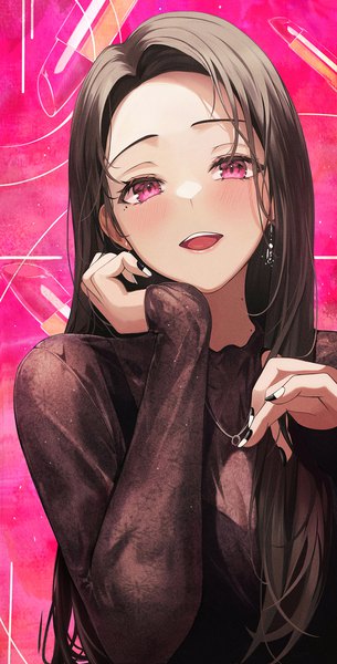 Anime picture 1017x2000 with original gongha single long hair tall image looking at viewer blush fringe open mouth black hair smile upper body long sleeves nail polish head tilt :d pink eyes fingernails mole mole under eye