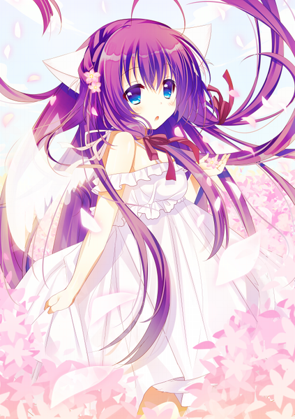Anime picture 565x800 with original shiromochi sakura single long hair tall image looking at viewer blush fringe open mouth blue eyes bare shoulders purple hair ahoge wind angel wings girl dress flower (flowers) ribbon (ribbons) hair ribbon
