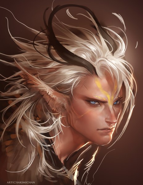 Anime picture 1159x1500 with original sakimichan single long hair tall image looking at viewer blue eyes blonde hair simple background signed white hair pointy ears realistic tattoo scar brown background face paint forehead mark boy paint