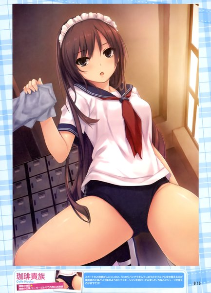 Anime picture 2854x3953 with free friends noesis (studio) shinozaki sumire coffee-kizoku single long hair tall image looking at viewer blush highres open mouth light erotic black hair brown hair spread legs hands behind back girl uniform hair ornament underwear