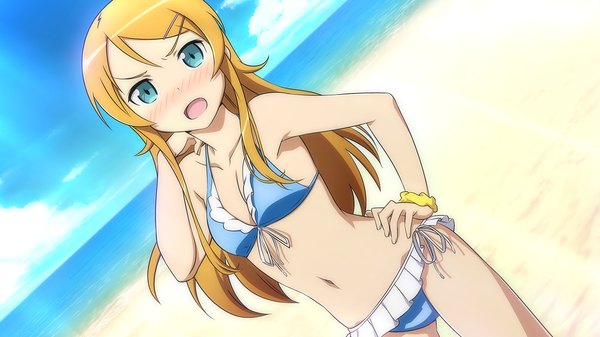 Anime picture 1280x720 with ore no imouto ga konna ni kawaii wake ga nai kousaka kirino single long hair looking at viewer blush open mouth blue eyes light erotic blonde hair wide image game cg beach girl navel swimsuit bikini sea