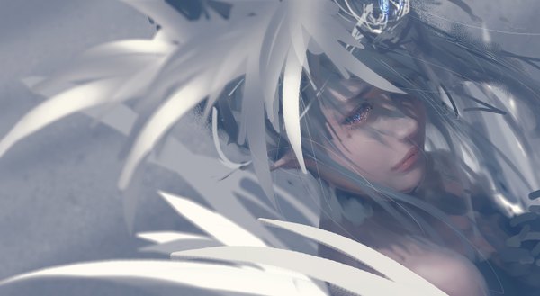 Anime picture 1382x758 with ghost blade yan (ghost blade) wlop single short hair blue eyes wide image looking away from above lips pointy ears grey hair grey background shadow sad girl feather (feathers) tiara