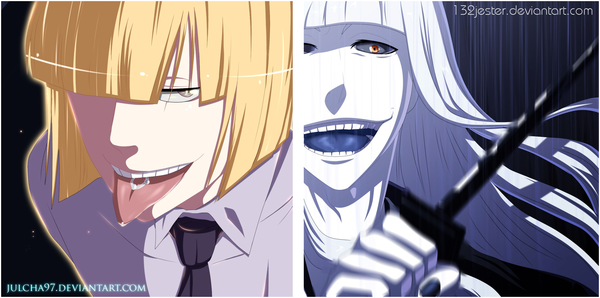 Anime picture 1609x800 with bleach studio pierrot hirako shinji 132jester julcha97 long hair fringe short hair open mouth blonde hair smile wide image white hair nail polish hair over one eye grey eyes orange eyes coloring black background dual persona