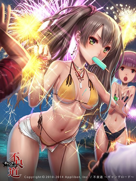 Anime picture 750x1000 with furyou michi ~gang road~ remana tall image looking at viewer fringe open mouth blue eyes light erotic standing twintails bare shoulders multiple girls green eyes purple hair nail polish fingernails grey hair inscription night bare belly