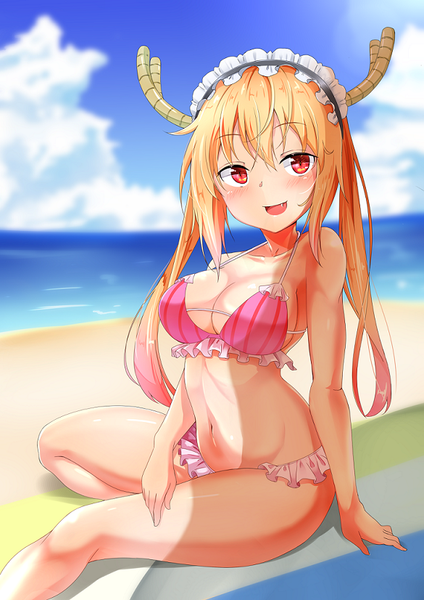 Anime picture 585x826 with kobayashi-san chi no maidragon kyoto animation tooru (maidragon) pengin maru single long hair tall image blush fringe breasts open mouth light erotic smile hair between eyes red eyes large breasts sitting twintails payot looking away