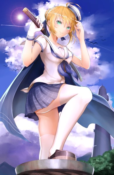 Anime picture 839x1291 with fate (series) fate/stay night artoria pendragon (all) saber omoti (1201208) single tall image looking at viewer blush fringe short hair light erotic blonde hair smile hair between eyes standing holding green eyes sky cloud (clouds)