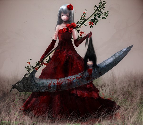 Anime picture 1280x1120 with original yuyu single long hair fringe black hair standing holding silver hair hair flower sad bloody clothes death severed head girl dress gloves hair ornament flower (flowers) plant (plants)