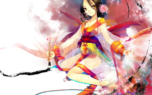 Anime picture 2560x1600 with original krr (strib und werde) single looking at viewer highres short hair black hair wide image yellow eyes hair flower girl dress hair ornament paintbrush calligraphy brush