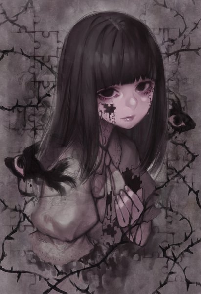 Anime picture 931x1357 with original doku-chan (dokkudokudoku) single long hair tall image looking at viewer fringe black hair upper body blunt bangs fingernails lips black eyes puffy sleeves lipstick hand on chest pink lipstick eyes gothic girl