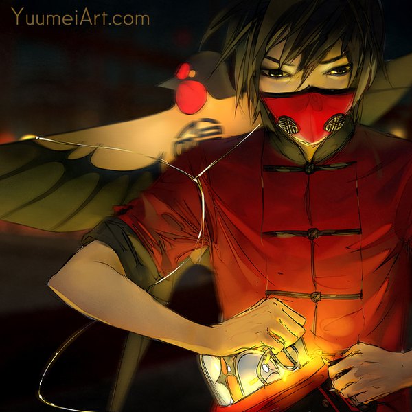 Anime picture 1280x1280 with knite sen (knite) yuumei single fringe short hair black hair hair between eyes holding looking away traditional clothes black eyes chinese clothes boy mask fire rope kite