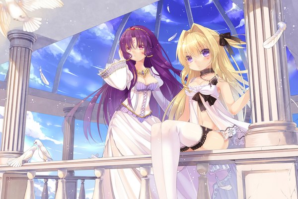 Anime picture 2000x1338 with original delores (mvv) eleanor (mvv) mvv blush highres breasts light erotic blonde hair purple eyes multiple girls purple hair cloud (clouds) girl thighhighs dress bow 2 girls hair bow animal