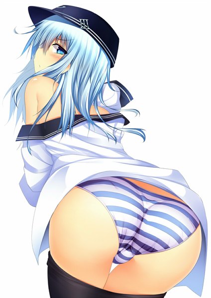 Anime picture 818x1157 with kantai collection hibiki destroyer suteba (grzjkbhgf) single long hair tall image blush blue eyes light erotic white background blue hair ass looking back girl underwear panties striped panties sailor suit peaked cap