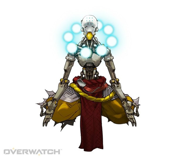 Anime picture 1143x1024 with overwatch blizzard entertainment zenyatta (overwatch) tagme (artist) single looking at viewer simple background white background mechanical robot