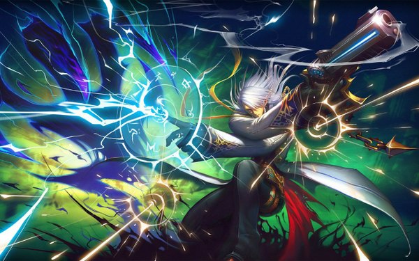 Anime picture 1280x800 with kritika single long hair fringe blonde hair looking away white hair wind lips pointy ears hair over one eye magic smoke crossed arms fighting stance lightning smoking gun boy gloves weapon