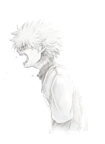 Anime picture 1155x1581 with hunter x hunter killua zaoldyeck single tall image short hair open mouth white background eyes closed tears monochrome crying traditional media screaming drawing boy