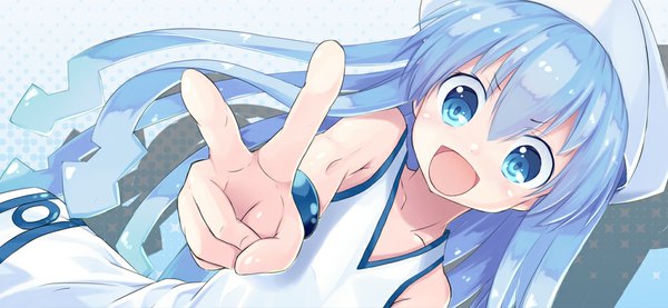 Anime picture 1000x463 with shinryaku! ika musume ika musume yaki mayu single long hair fringe open mouth blue eyes wide image blue hair dutch angle outstretched arm victory girl hat bracelet