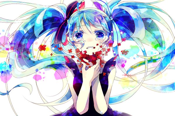 Anime picture 1266x838 with vocaloid hatsune miku hoshino kisora single long hair looking at viewer open mouth blue eyes simple background white background twintails blue hair teeth tears crying girl dress black dress