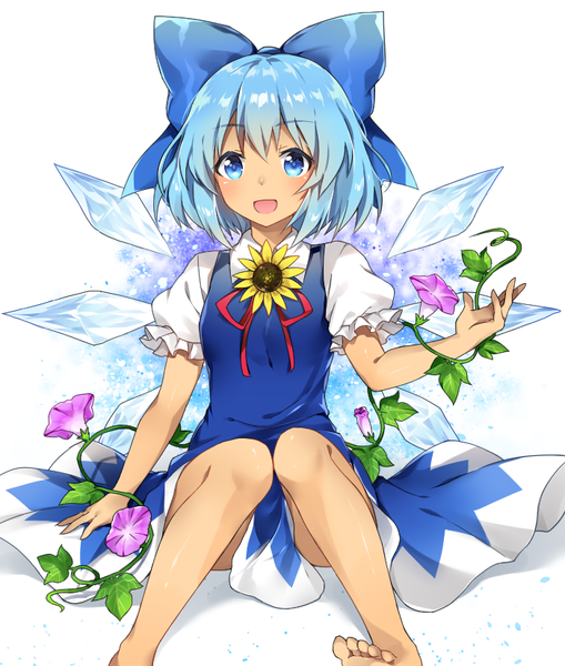 Anime-Bild 700x825 mit touhou cirno tanned cirno caramell0501 single tall image short hair open mouth blue eyes simple background white background sitting blue hair :d barefoot puffy sleeves tan girl dress flower (flowers)