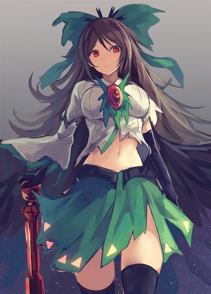 Anime picture 645x900 with touhou reiuji utsuho nakaichi (ridil) single long hair tall image looking at viewer fringe breasts black hair smile red eyes standing wide sleeves sparkle midriff zettai ryouiki girl thighhighs skirt
