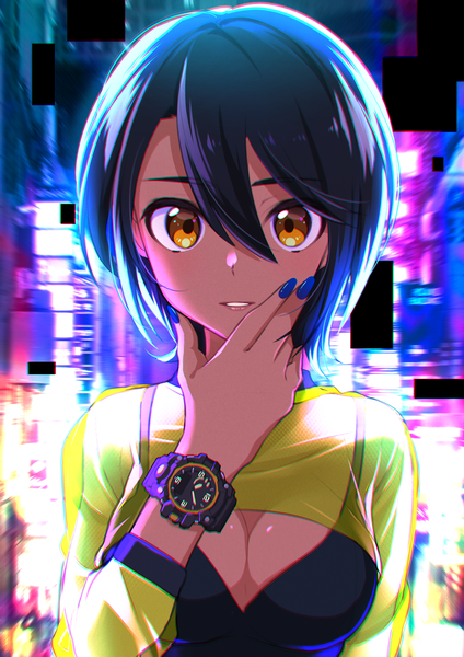 Anime picture 2894x4093 with original eriko (nakaeri gogo) single tall image looking at viewer fringe highres short hair breasts black hair hair between eyes cleavage upper body long sleeves nail polish parted lips multicolored hair two-tone hair orange eyes anaglyph
