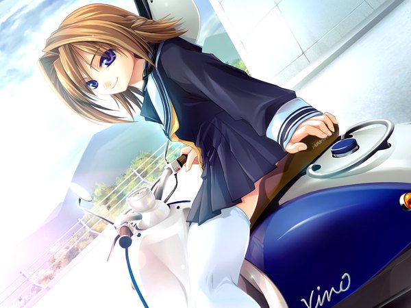 Anime picture 1200x900 with aneimo blue eyes blonde hair game cg girl serafuku motorcycle