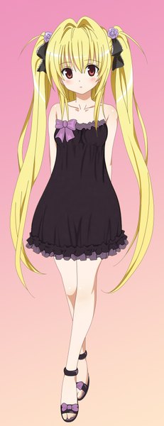 Anime picture 762x1975 with toloveru toloveru darkness xebec konjiki no yami long hair tall image looking at viewer blush blonde hair red eyes twintails girl dress bow hair bow sandals