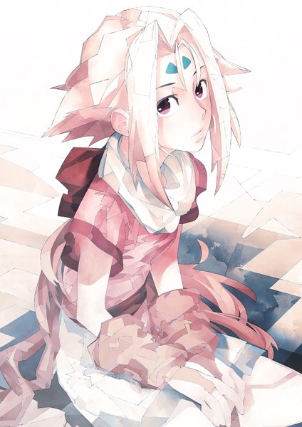 Anime picture 1240x1754 with zoids zoids: chaotic century fiona (zoids) iwai ryo single tall image looking at viewer short hair sitting pink hair pink eyes face paint girl